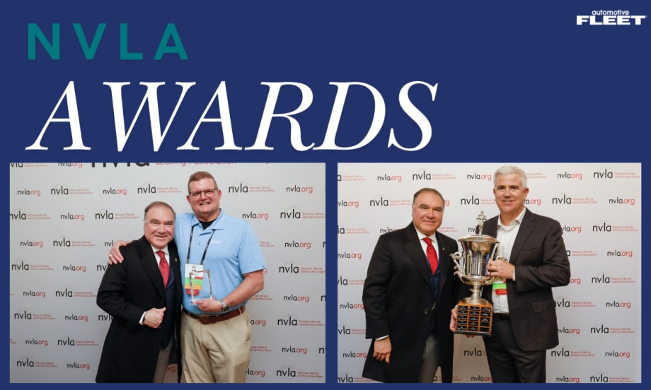 Ken Sopp and Kirk Browning stand with colleagues at the NVLA conference in Nashville, recognized for their leadership and service to the vehicle leasing industry.