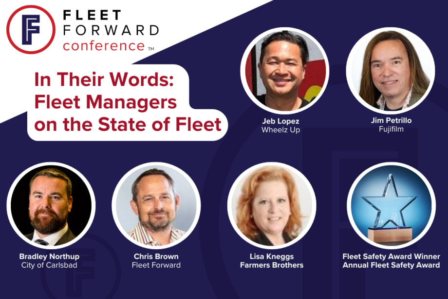 A red, white, and dark blue graphic detailing the panelists for the FFC seminar "In Their Words: Fleet Managers on the State of Fleet".