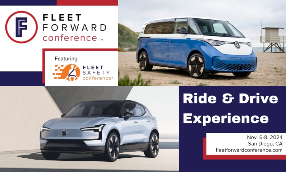 A blue, red, and white graphic with images of a Volkswagen ID. Buzz and a Volvo EX30, with text reading "Ride & Drive Experience".