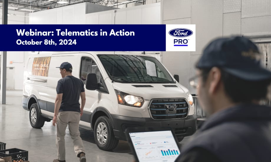 Image of workers inside a warehouse checking telematics in front of a van with text announcing the webinar "Telematics in Action".