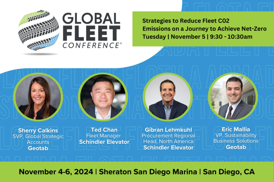 A sky blue and lime green graphic detailing the Global Fleet Conference seminar "Strategies to Reduce Fleet C02 Emissions on a Journey to Achieve Net-Zero."