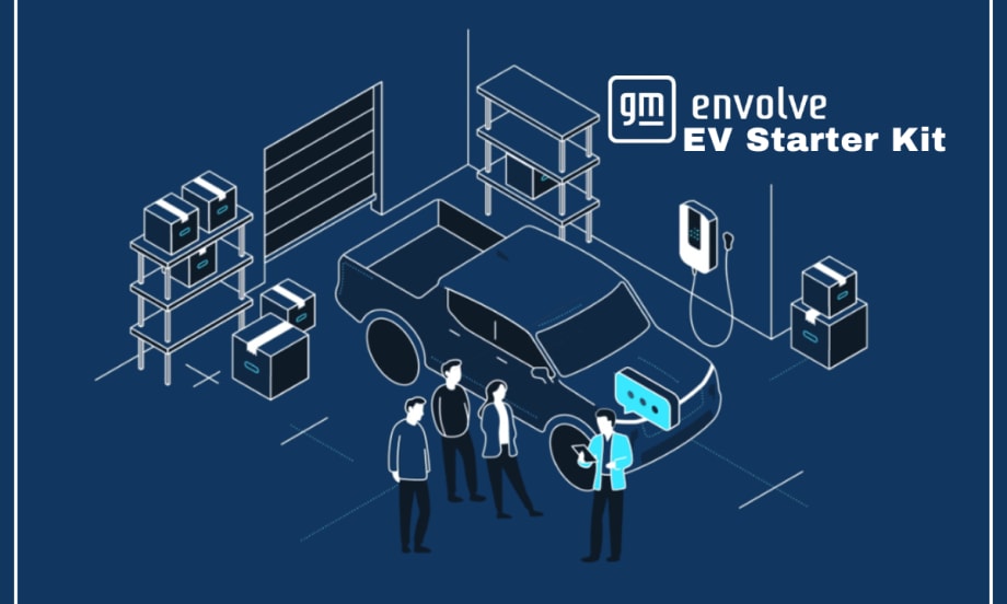 Blue and white illustration of a truck being charged in a garage. A white GM Envolve logo is in the top right corner with text that reads "EV Starter Kit".