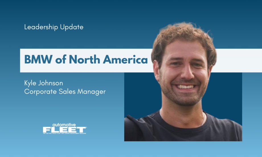 A blue and white graphic detailing Kyle Johnson as the new Corporate Sales Manager for BMW North America.