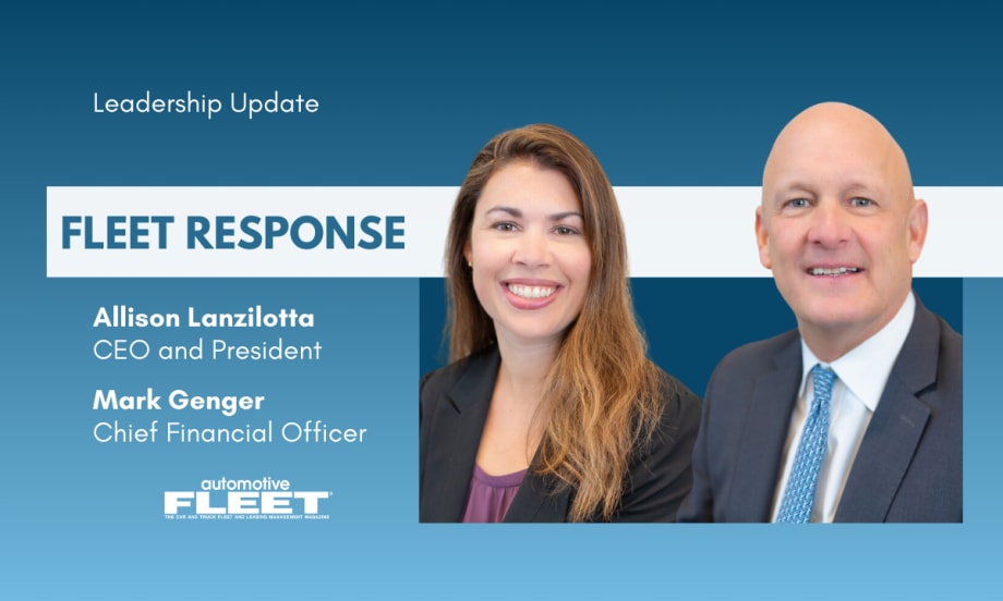 A blue and white leadership update graphic detailing Allison Lanzilotta and Mark Genger's new roles at Fleet Response.