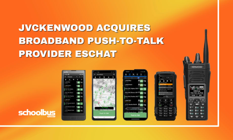 An orange and white graphic with ESChat and JVCKENWOOD products.