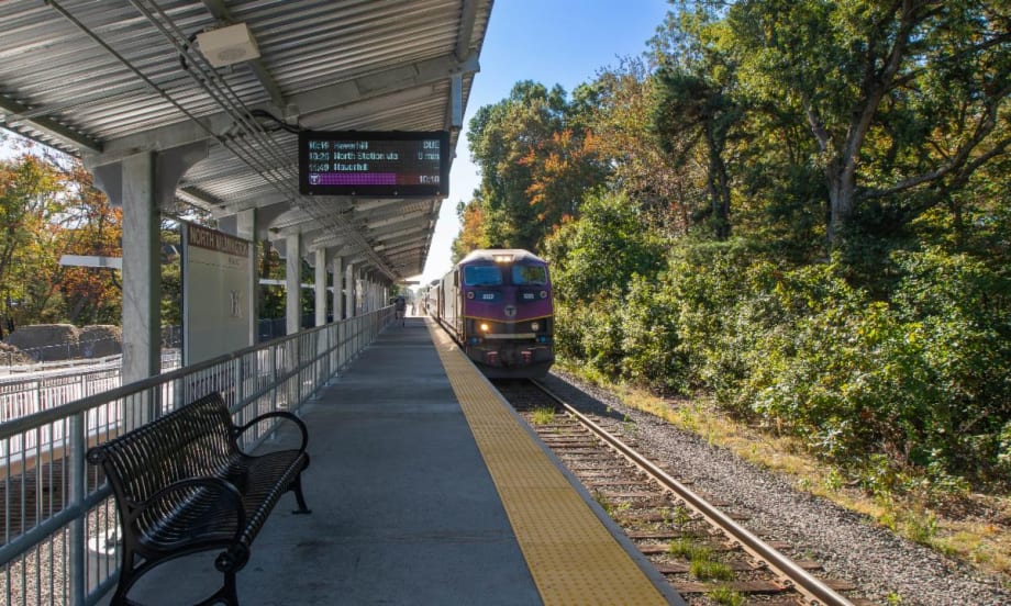 A purple commuter train at the North Wilmington Station.