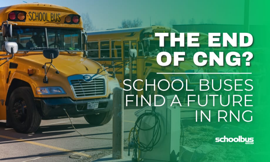 A green and white graphic with an image from a bus depot in a Colorado school district.