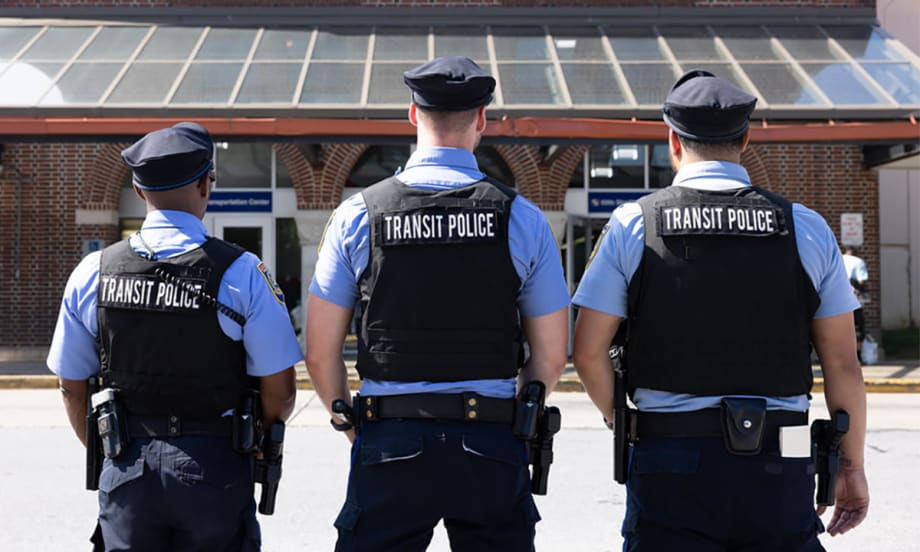The back of three SEPTA Transit Police.