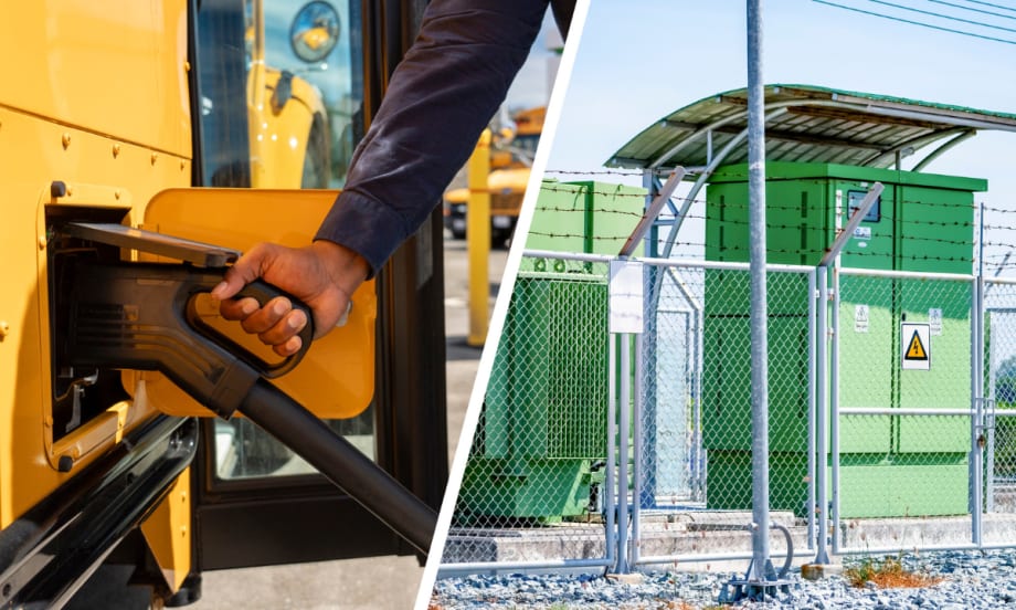 Two-image collage of electric charging school buses and other machinery.