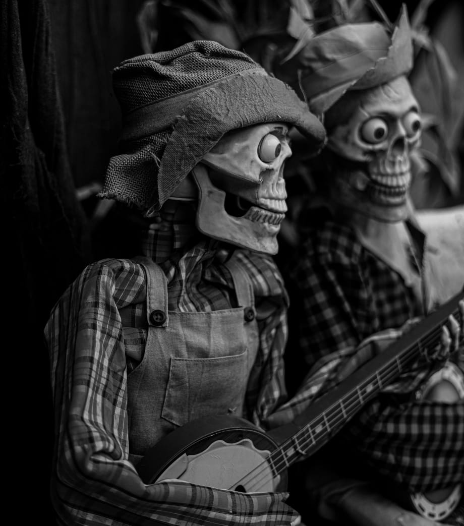 Photo of two skeletons playing banjos