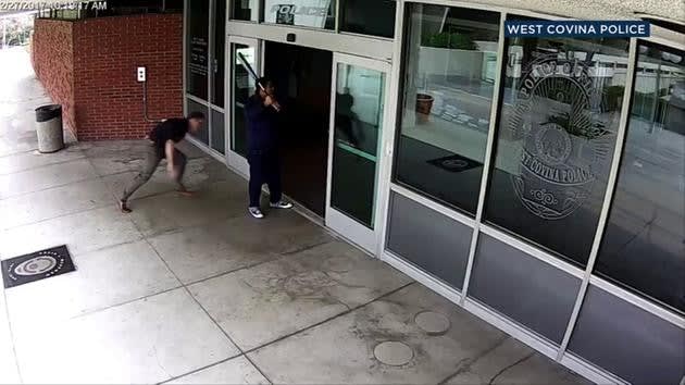 CA Officer Tackles Man Swinging Bat at Police Station
