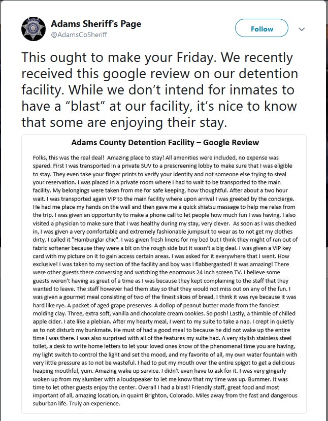 Former Inmate Posts Comical Review of Colorado County Jail Visit