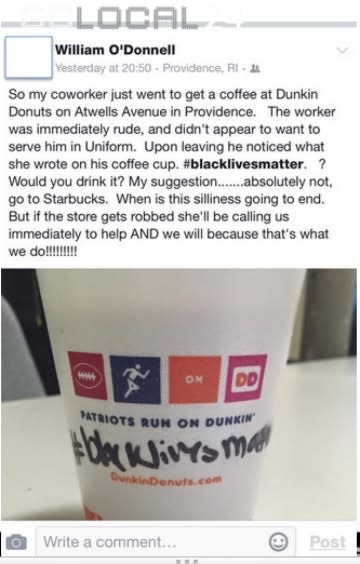 Dunkin’ Donuts Worker Writes ‘#BlackLivesMatter’ on Rhode Island Officer’s Cup