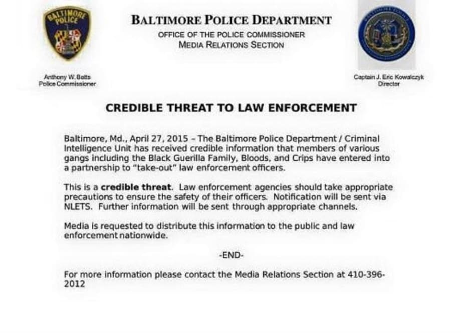 Baltimore Police Say Gangs are Teaming Up to "Take Out" Officers