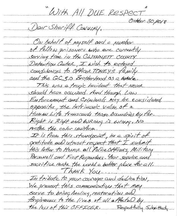 Georgia Inmates Pen Heartfelt Letter in Support of Slain Deputy