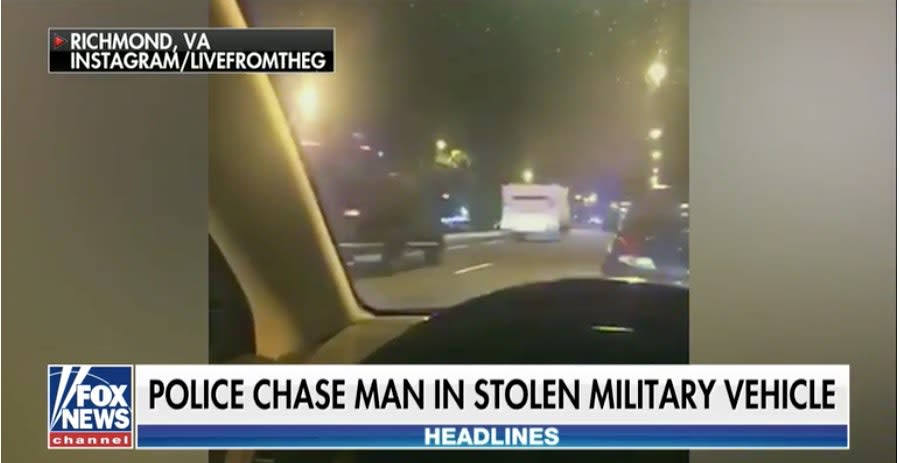 Video: Soldier Steals Armored Vehicle, Leads Virginia Officers on 60-Mile Chase