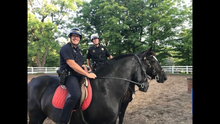 Monroe County Sheriff Todd Baxter and Livingston County Sheriff Tom Dougherty are shown during 2019’s Sheriff Showdown, a mounted competition.[|CREDIT|]PHOTO: Monroe County Sheriff’s Office