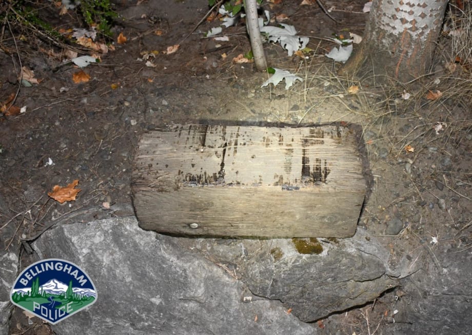 Police say the piece of a railroad tied used in the attack on the vehicle weighed 25 pounds.[|CREDIT|]PHOTO: Bellingham Police Department