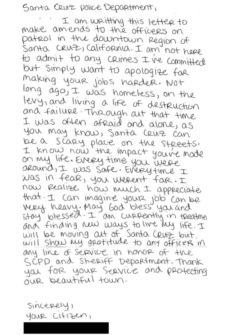 Offender Writes Heartfelt Handwritten Note to California Officers