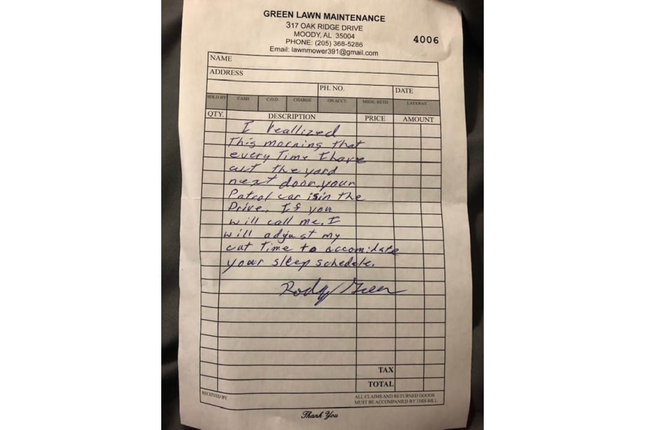 Alabama Officer Receives Thoughtful Note from Lawn Care Service