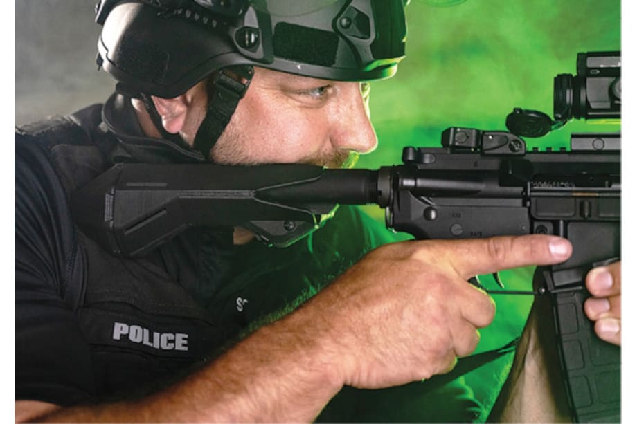 The Valiant Dynamics’ EvolvR Combat Stock makes it easier for officers who wear exterior vest carriers or tactical armor to achieve a proper shooting position when using a long gun. The EvolvR fits on the buffer tube and features an eight-position rotating butt-pad so that shooters can choose their preferred setting.[|CREDIT|]Photos: Valiant Dynamics
