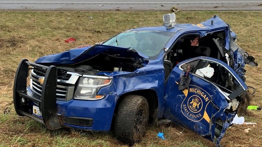 MI Trooper Hospitalized After Patrol Car Hit by Truck