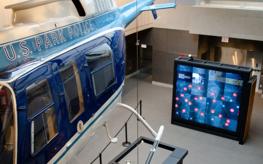 The Museum shares the story of law enforcement aviation and the Eagle One helicopter that saved five people from the Potomac River after the crash of Air Florida Flight 90 in 1982 is on display.[|CREDIT|]PHOTO: National Law Enforcement Museum