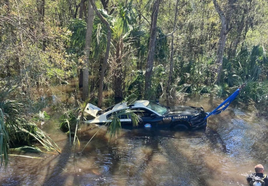 The trooper’s car was washed away but was retrieved Sunday by the Ocala Police Department and the Marion County Sheriff’s Office.[|CREDIT|]PHOTO: Ocala Police Department
