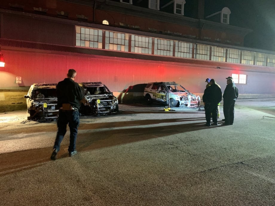 Arson investigators and the ATF are investigating fires that destroyed three police vehicles parked outside a training academy in Pittsburgh, PA.[|CREDIT|]PHOTO: Pittsburgh Bureau of Police
