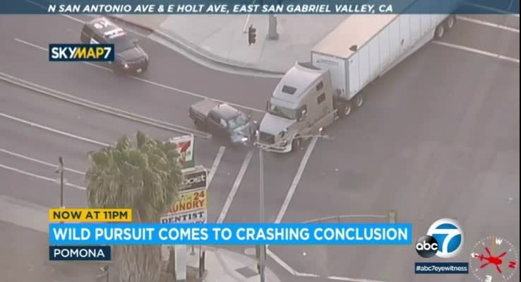 Murder Suspect Slams into Big Rig Truck at End of CA Vehicle Pursuit