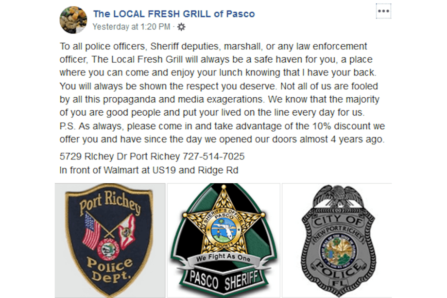 Florida Restaurant Declared "Safe Haven" for Police
