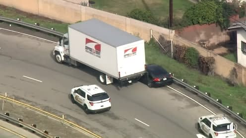 Video: 3 Robbery Suspects in Vehicle Pursuit Stopped by Box Truck