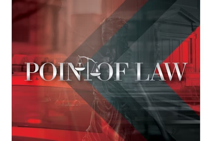 Point of Law logo with scales of justice in metallic silver text