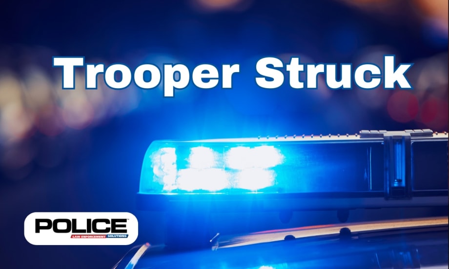 Police emergency light bar with blue flashing lights, headline 'Trooper Struck'