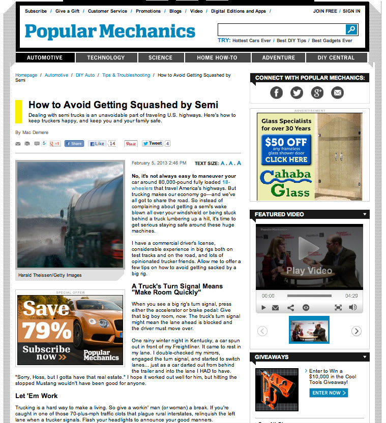 Popular Mechanics Tells Readers 'How to Avoid Getting Squashed by a Semi'