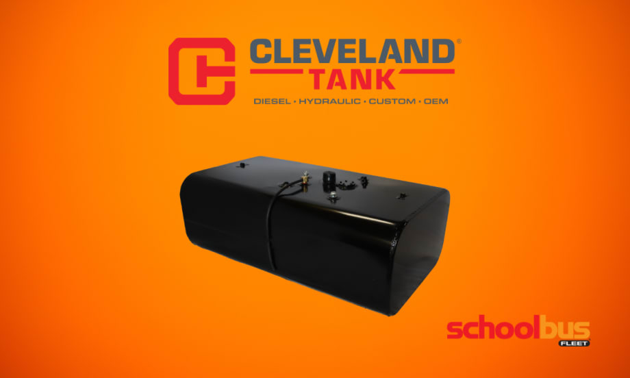 Black diesel fuel tank with Cleveland Tank and School Bus Fleet logos on an orange background.