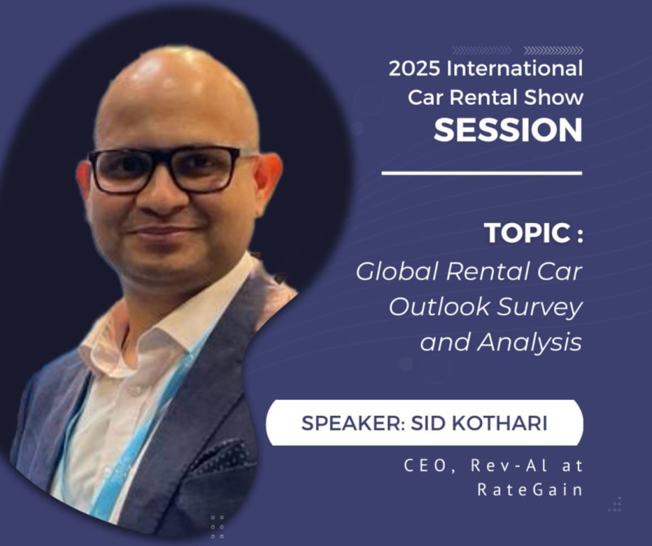 Photo of speaker next to session and topic for International Car Rental Show.
