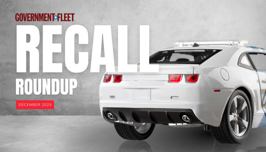 Graphic for Government Fleet’s October 2025 Recall Roundup showing a white police vehicle and bold text reading “RECALL ROUNDUP” with a red tag labeled “December 2025” on a concrete background.