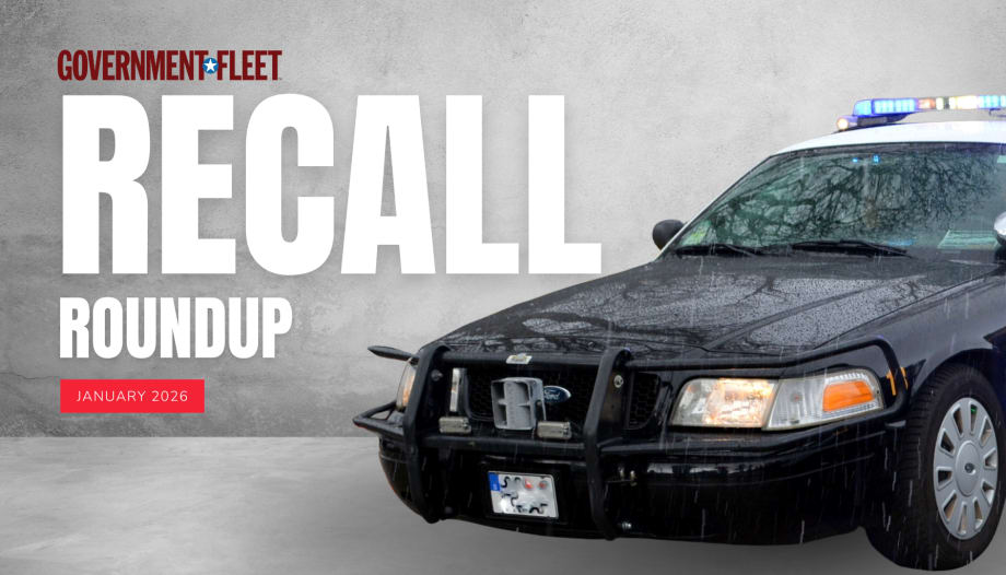 Graphic for Government Fleet’s January 2026 Recall Roundup showing a black police vehicle and bold text reading “RECALL ROUNDUP” with a red tag labeled “January 2026” on a concrete background.
