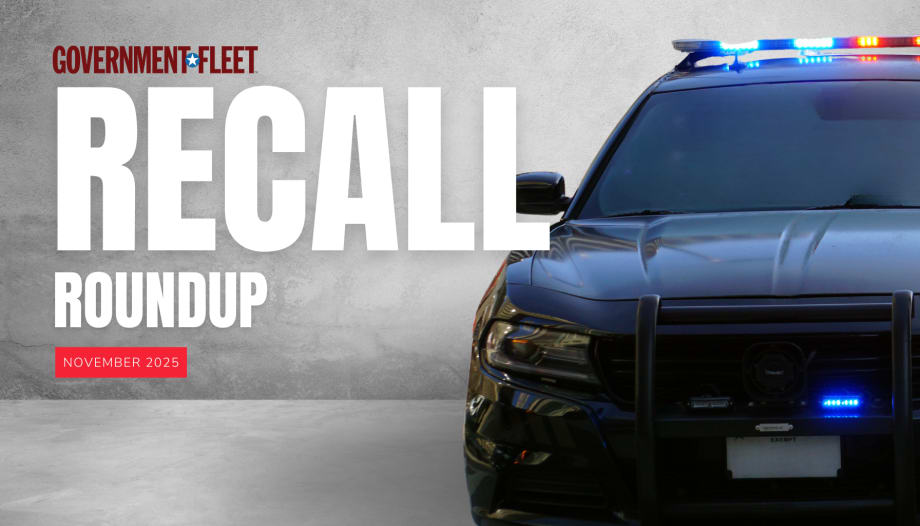Graphic for Government Fleet’s October 2025 Recall Roundup showing a black police vehicle and bold text reading “RECALL ROUNDUP” with a red tag labeled “November 2025” on a concrete background.