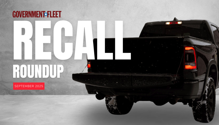 Black pickup truck with tailgate down on a gray background, alongside bold text reading “Government Fleet Recall Roundup, September 2025.”