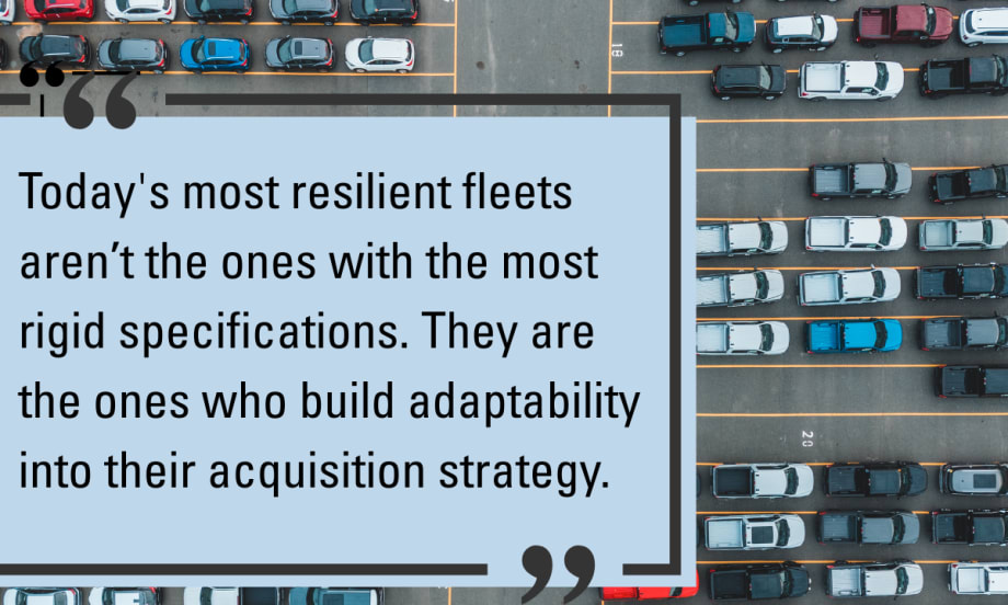 Aerial view of fleet vehicles in a parking lot with a quote about adaptability in fleet acquisition strategy.