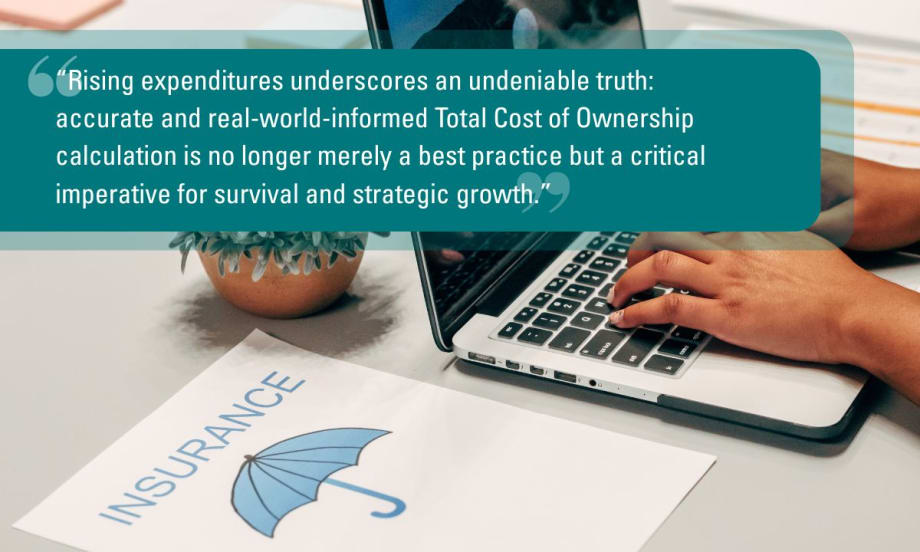 Laptop workspace with an insurance document and a highlighted quote about the importance of accurate Total Cost of Ownership calculations for fleet management in a rising cost environment.
