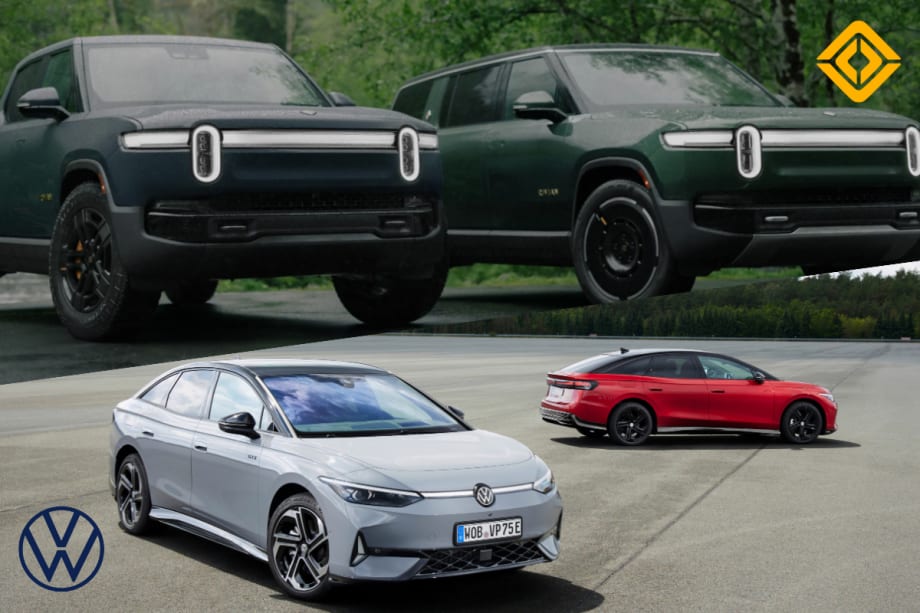 Two images split in a graphic depicting cars from Rivian and Volkswagen.