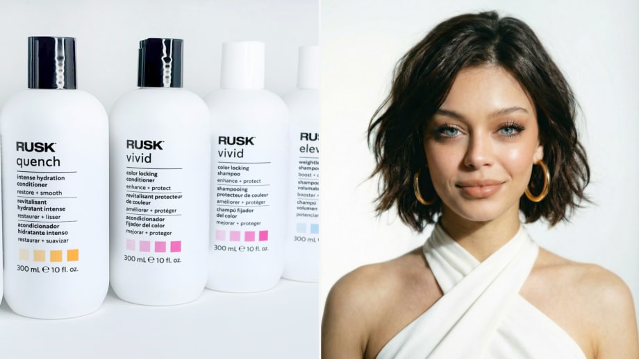 Rusk products and a model with short brunette hair