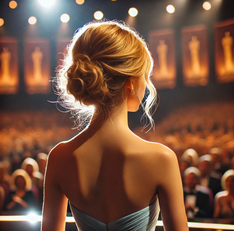 A woman with blonde hair and an updo.