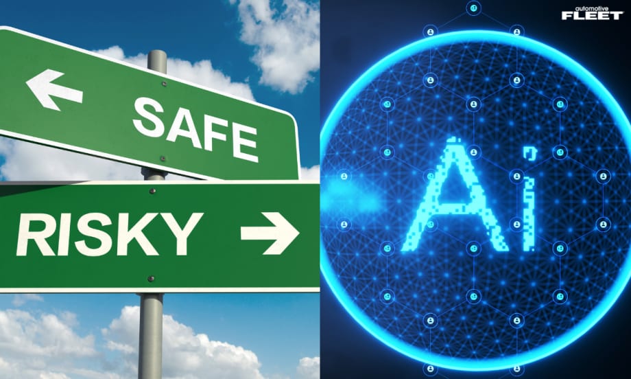 Road signs pointing to “Safe” and “Risky” beside a glowing AI network graphic, illustrating the role of artificial intelligence in driver safety, coaching, training, and risk management.