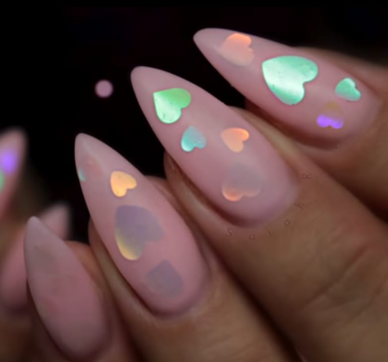 Encapsulated Iridescent Heart Nail Art