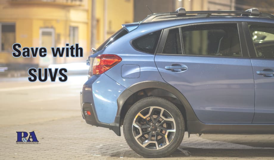 blue subaru crosstrek in city with Save with SUVS text and Providers and Administrators logo