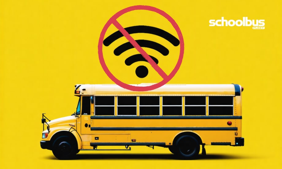 A yellow school bus on a bright yellow background with a large “no Wi-Fi” symbol above it